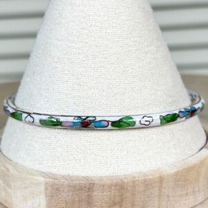 1960s Vintage Chic White Cloisonne Floral Multicolor Bangle Bracelet Enamel